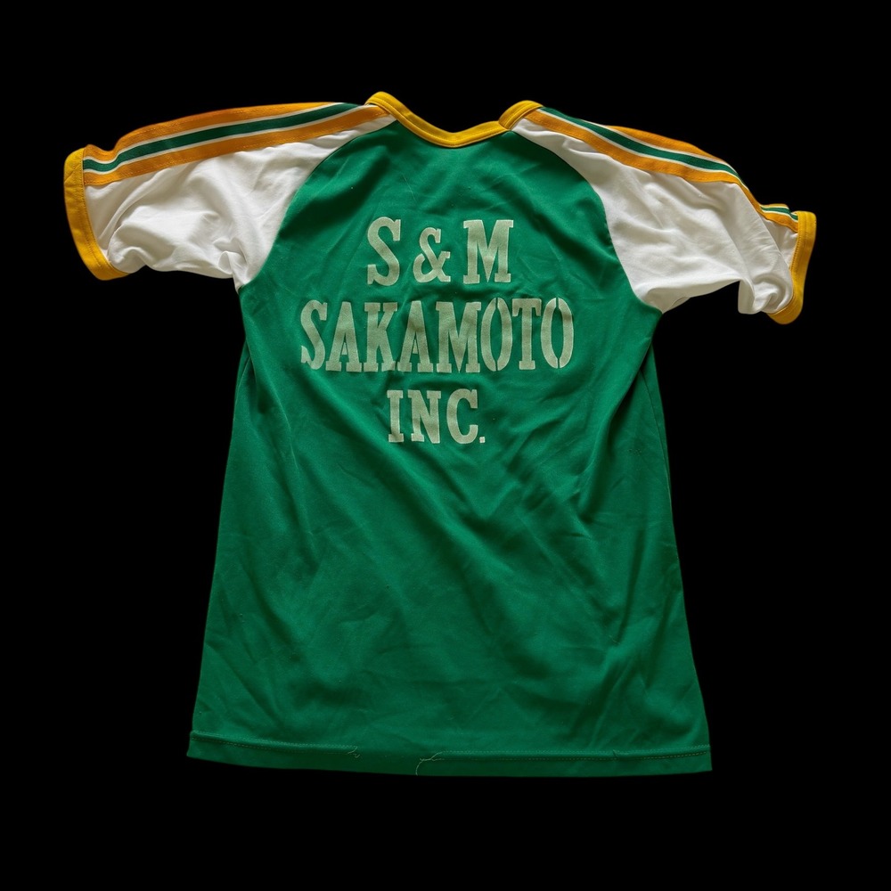 Vintage 70's S&M Sakamoto Inc Raglan Jersey Shirt Green White Yellow Mens Small